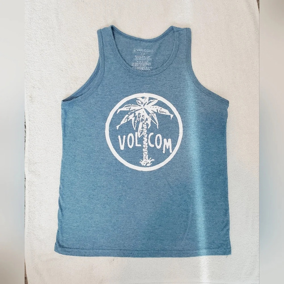 💚5/$25  Volcom Muscle Tank Top, Blue With White Palm Tree, Size Small - Picture 1 of 3